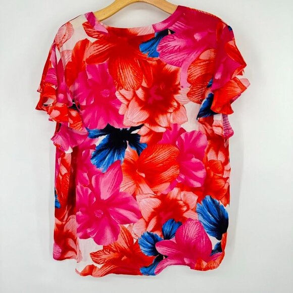 Tacera blouse Womens size  XL Red Pink floral Short Sleeve v neck flutter - Picture 9 of 9